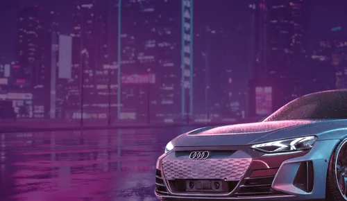 Audi électrique grise devant des gratte-ciel violets